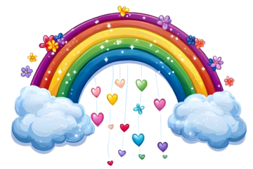whimsical rainbow with puffy clouds at each end, Png file, transparent background