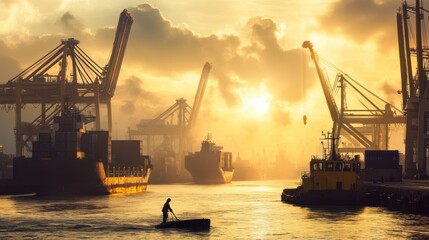 Obraz premium Worker Silhouetted Against Sunrise at Port