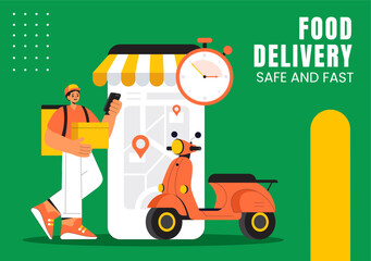 Flat Cartoon Food Delivery Service Design for Social Media Background Templates