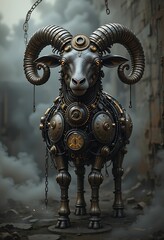 Naklejka premium Steampunk Ram Detailed Clockwork Gears Dark Moody Art