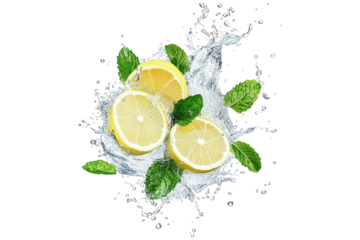 Fresh lemon slices with mint leaves in water splash isolated on white or transparent PNG