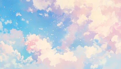 Pastel-colored abstract cloud background in dreamy, ethereal watercolor style, featuring soft hues of pink, blue, and purple for a serene