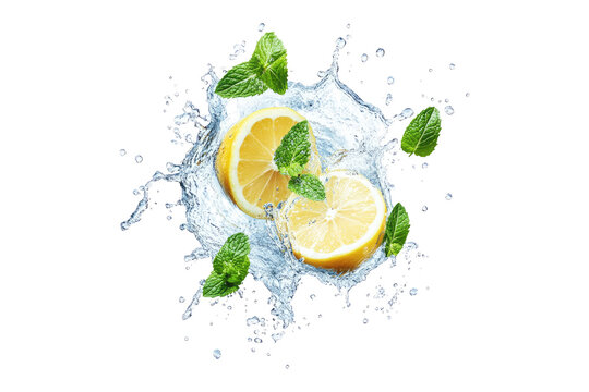 Fresh lemon slices with mint leaves in water splash isolated on white or transparent PNG