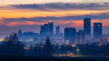 Fototapeta premium A beautiful city skyline featuring a stunning sunset in the background
