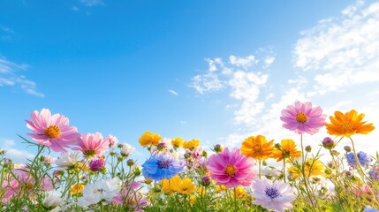 Fototapeta premium Vibrant cosmos flowers blooming in a sunny field under a clear blue sky.