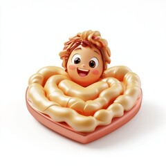Naklejka premium Cute cartoon baby, heart-shaped pie crust, whimsical food art, smiling pastry character, 3D rendered, beige and pink tones, glossy texture, playful dessert concept, rounded shapes, baked goods illustr