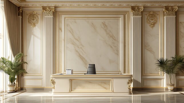 Elegant Office Interior Design With Marble Walls And Gold Accents