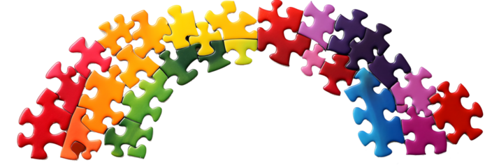 rainbow made of interlocking puzzle pieces, each color forming a unique shape that connects seamlessly, Png file, transparent background