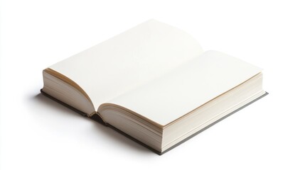 Open blank book with many pages lies on white surface studio shot