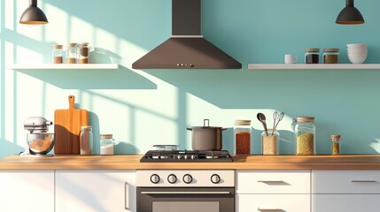 Sunny kitchen countertop with cooking utensils and spices.