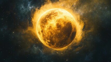 Naklejka premium Fiery Celestial Orb: A Glowing Moon in Cosmic Embrace