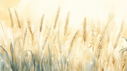 Fototapeta premium Golden Wheat Field Watercolor Painting: A Serene Harvest Scene