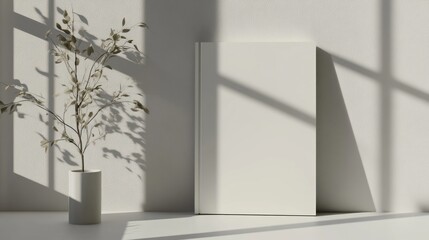 Blank Book Mockup with a Decorative Plant in a White Vase and Window Light Shadows