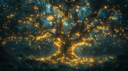 Magical glowing tree at night in a dark forest.