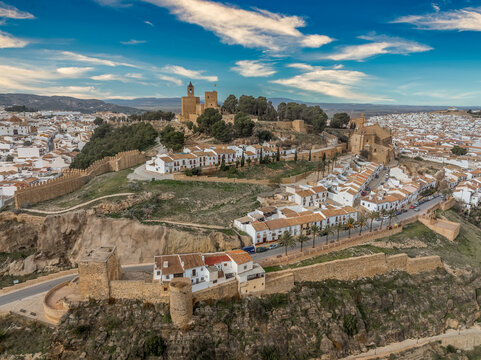 Aerial view of Antequera, mediaval Spanish town with huge castle and city walls in Andalusia Spain