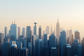 A skyline featuring modern skyscrapers under a soft morning light, showcasing a mixture of architectural styles and heights.