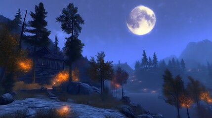 Mountain Cabin Moonlight Night Scene Illuminated By Lanterns