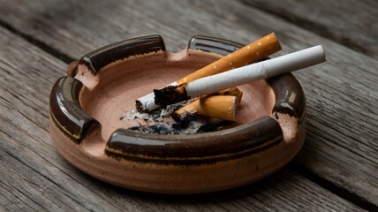 There are three cigarettes resting in an ashtray placed on a wooden table
