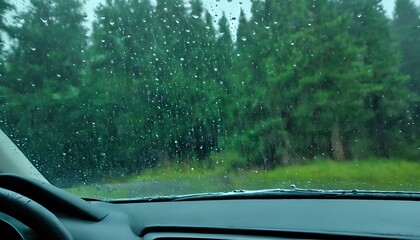 Fototapeta premium rain on windshield car window with pine tree raindrops water droplets wet glass texture background,Rain,4531