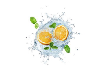 Fresh orange slices with mint leaves in water splash isolated on white or transparent PNG