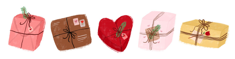 Cute valentines christmas romantic gift box lover package delivery tied with ribbon bow and heart tag rustic doodle hand drawn crayon watercolor stamp digital sticker clipart