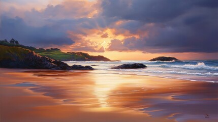 Fototapeta premium Sunset serenity over coastal beach seaside view nature photography tranquil environment