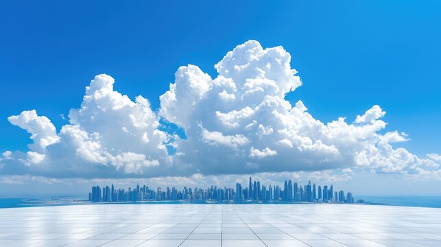 City skyline under fluffy clouds, empty plaza foreground; ideal for urban development advertising