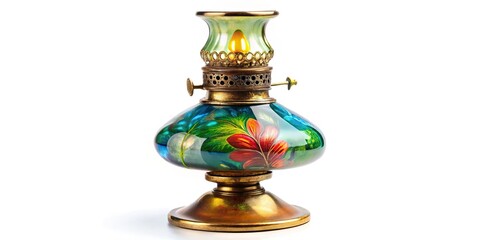 Antique Oil Lamp with Glass Shade, Isolated White Background - Vintage Lighting,  Collectible Lamp, Glass Lamp Shade