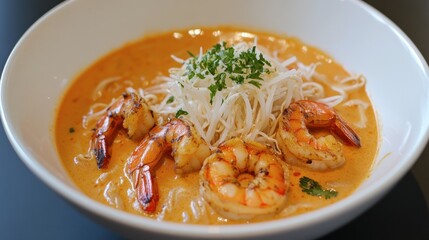 A bowl of Singapore laksa with spicy coconut broth, shrimp, and noodles