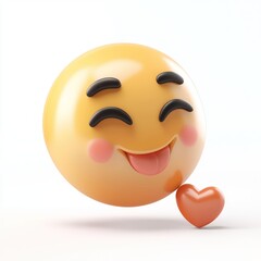 Fototapeta premium 3D emoji, smiling face with closed eyes, blushing cheeks, red heart, glossy finish, cute expression, yellow sphere, digital render, soft lighting, minimalist background, playful mood, vector style