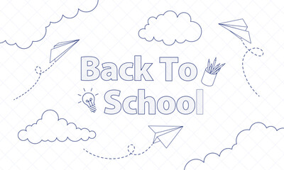 Back to School line art style background with cloud and paper airplane vector illustration