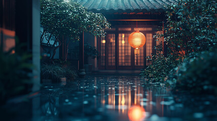Obraz premium A traditional chinese courtyard with a hanging lantern reflecting in the wet ground