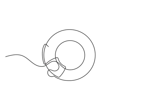 Hand drawing continuous line animation of lifebuoys, rescue belts, and an inflatable rubber ring with rope, symbolizing safety and assistance for drowning victims. The quick help a rescue ring provide