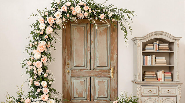 Charming rustic door decorated with an elegant arrangement of peach and white flowers, set against a light wall with a vintage cabinet. Ideal for wedding or event decor.

