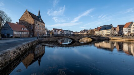 Fototapeta premium Historic stone bridge over serene river charming cityscape daytime tranquil environment aesthetic viewpoint
