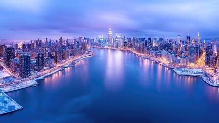 Fototapeta premium Snowy Manhattan skyline at dawn, aerial view