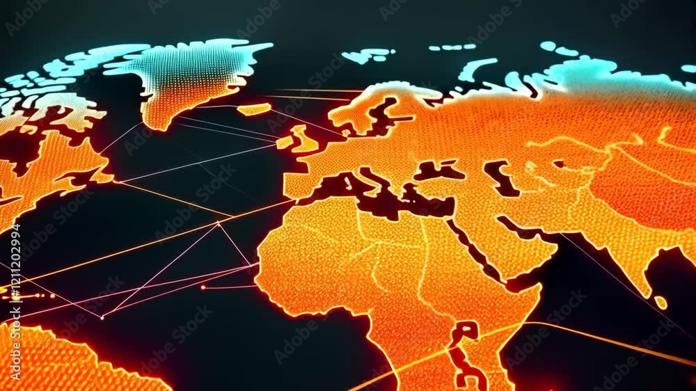 Poster dynamic global network connections visualized with illuminated world map