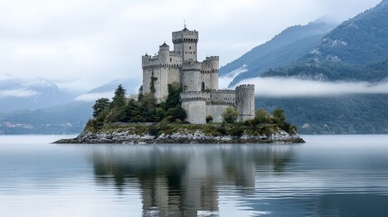 Majestic castle on small island in calm lake stunning landscape photography serene environment enchanting view