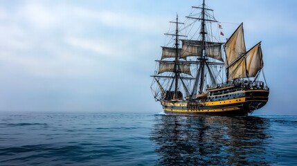 Majestic old sailing ship with full sails gliding on calm waters maritime scene serene environment wide angle view