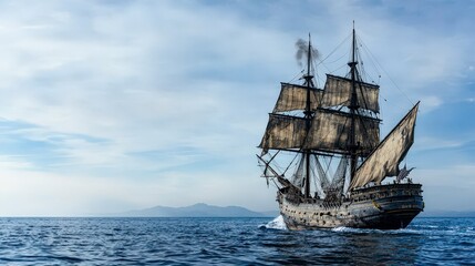 Obraz premium Majestic sailing ship gliding through calm waters oceanic voyage nautical scene serene horizon dramatic viewpoint