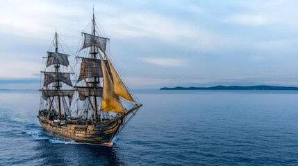 Majestic old sailing ship gliding on calm waters seascape ocean view nautical adventure tranquil environment