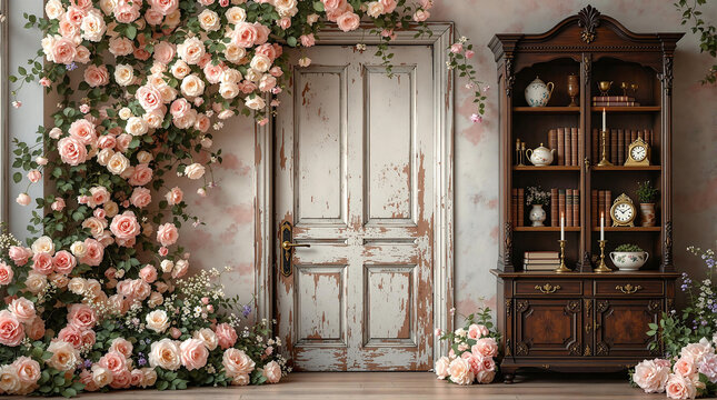 Vintage-style backdrop featuring abundant pink garden roses, possibly Eden Rose 85, framing an old door and set beside an antique cabinet. Ideal for Valentine's Day.

