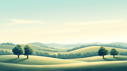 Serene landscape with rolling hills, trees, and a peaceful sky.