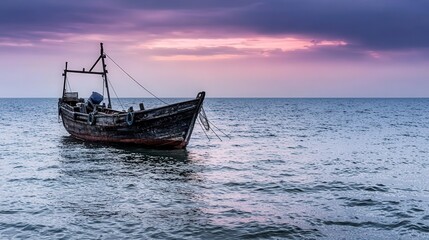 Fototapeta premium Sunset serenity a lone wooden fish boat on the tranquil ocean coastal landscape minimalist view