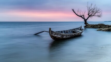 Lone wooden boat at sunset ocean shoreline landscape photography serene environment atmospheric view minimalist concept