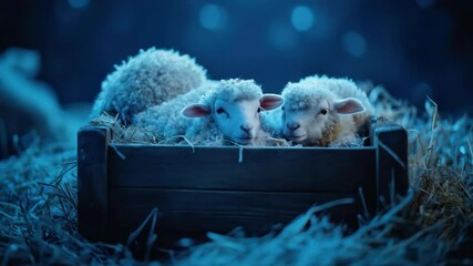 Cozy sheep resting in wooden crate on a peaceful moonlit night - Powered by Adobe