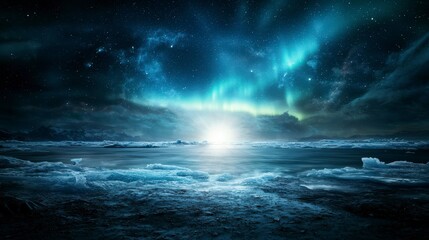 Fototapeta premium Aurora borealis illuminates icy waters arctic ocean scenic landscape night view nature's celestial display