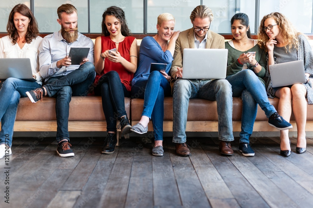 Poster group of diverse business startup people sitting on a bench using laptops and phones, engaged in tec