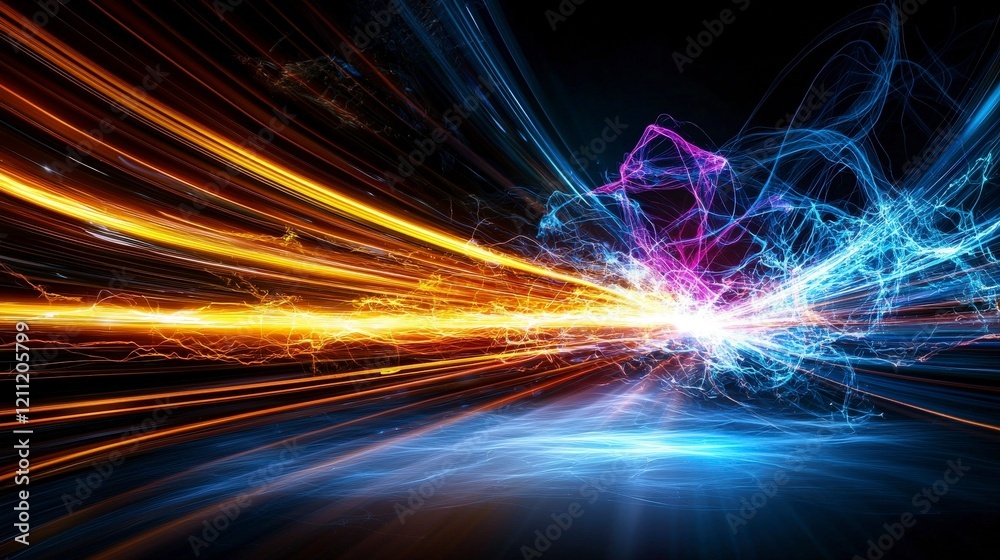 Poster Dynamic light trails creating vivid energy in a dark space abstract design modern art futuristic concept
