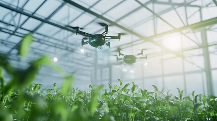 Autonomous robotic farming drones in a futuristic greenhouse, indoor agricultural facility with crop-spraying drones and hydroponic systems, Innovative style